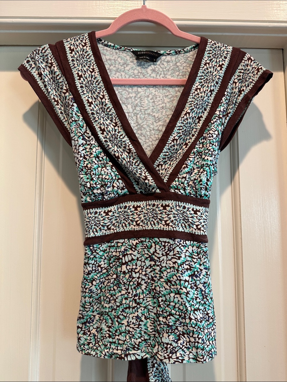 BCBGMaxAzria Brown & Teal Floral V-Neck Tunic Top